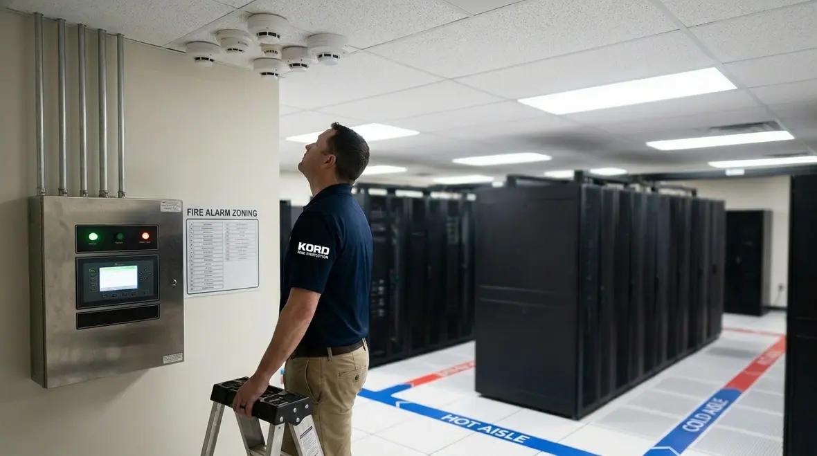Server room with clean agent fire suppression nozzles and detection devices