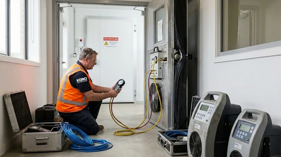 Technician performing door fan testing on a clean agent protected room