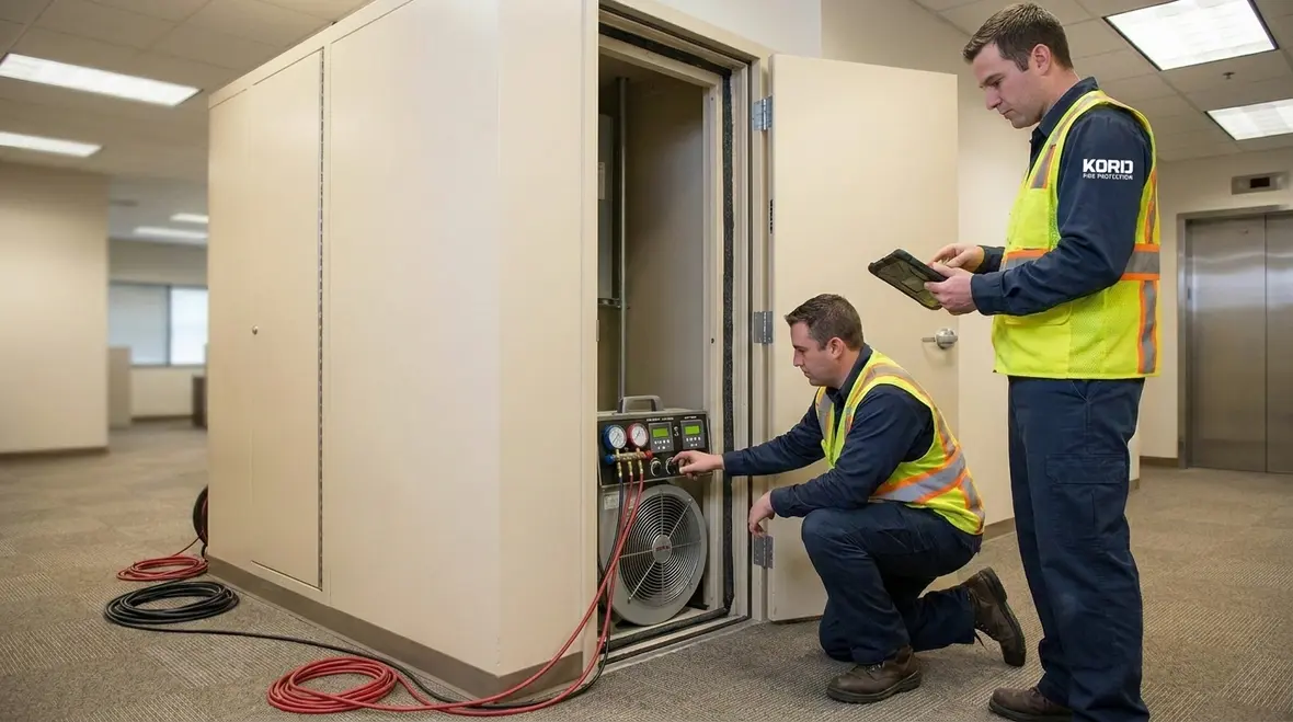 Door fan equipment installed to measure leakage in a clean agent room