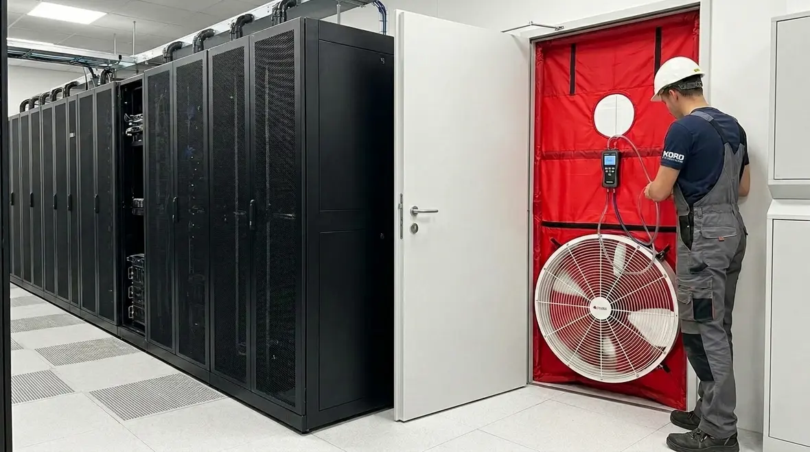 Door fan testing for clean agent protected rooms