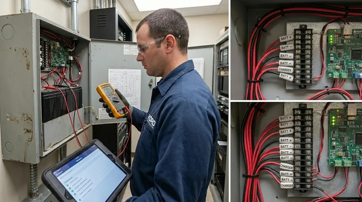 Technician reviewing commercial fire alarm backup battery load requirements