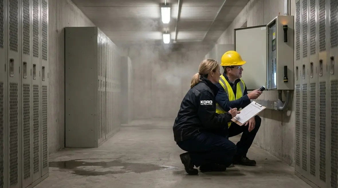 Technician restoring fire suppression readiness after an emergency event