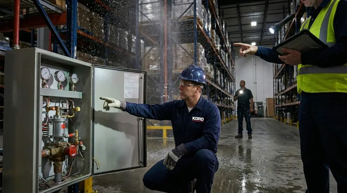 Commercial fire alarm and suppression response underway in a facility