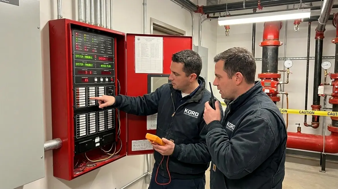 Emergency fire suppression service technicians responding to a commercial system event