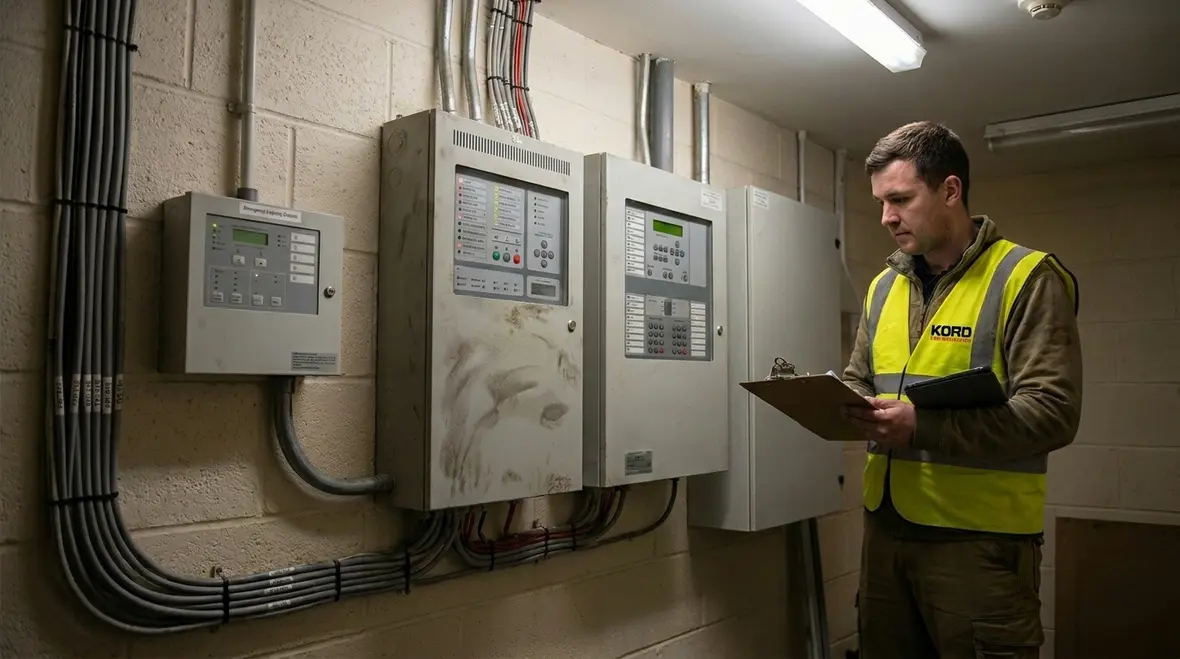 Technician reviewing emergency lighting activation wiring in a commercial building
