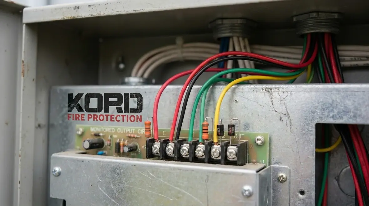 Monitored emergency lighting control interface connected to a fire alarm system