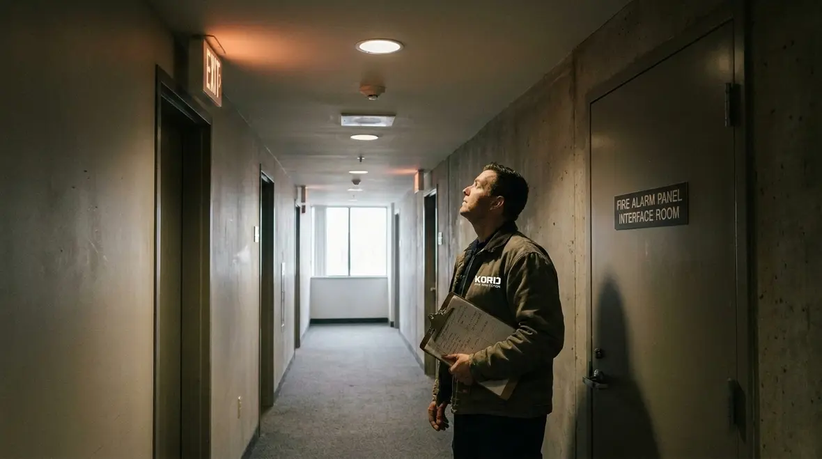 Emergency egress corridor lighting and labeled fire alarm interface equipment