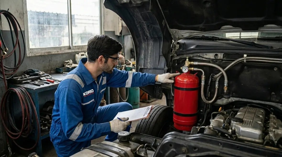 Technician installing engine compartment fire suppression system