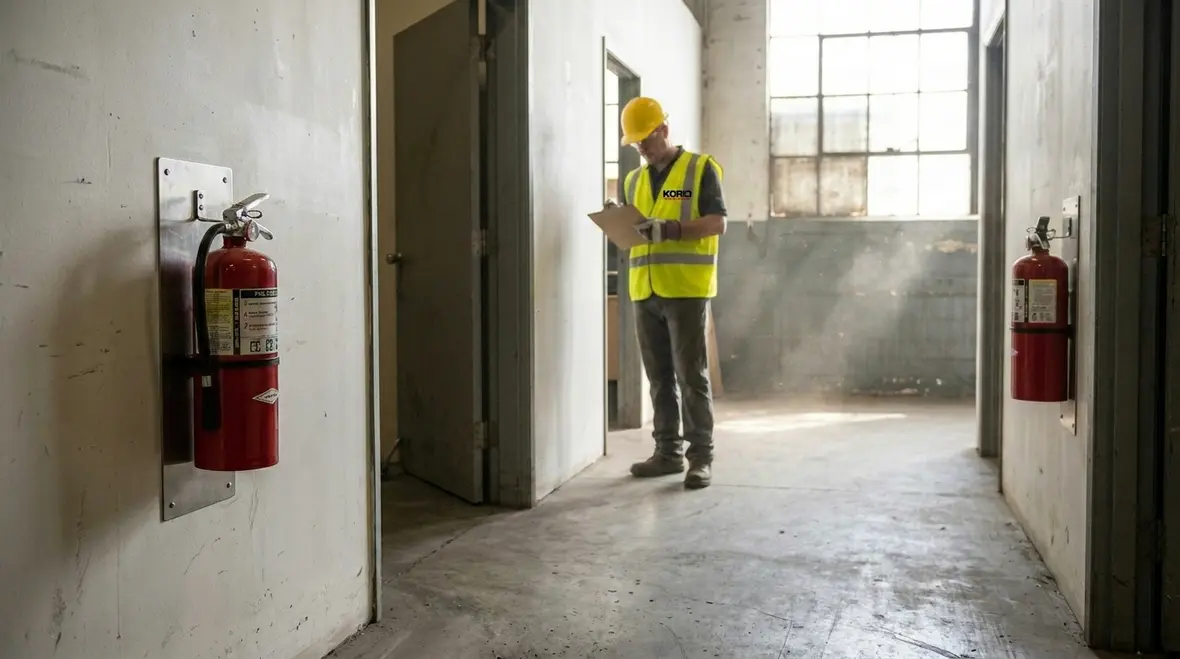 Employee-accessible fire extinguisher placement near an exit route