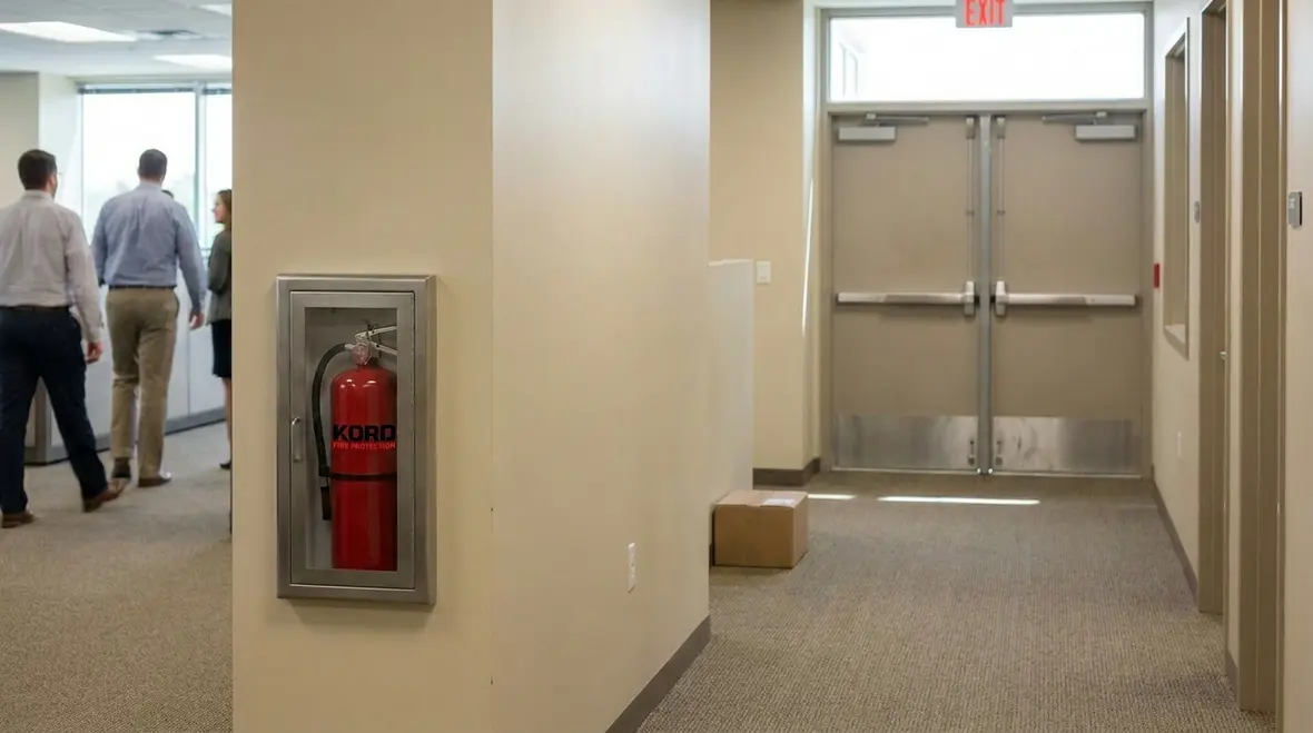 Workplace fire extinguisher mounted along an employee travel path