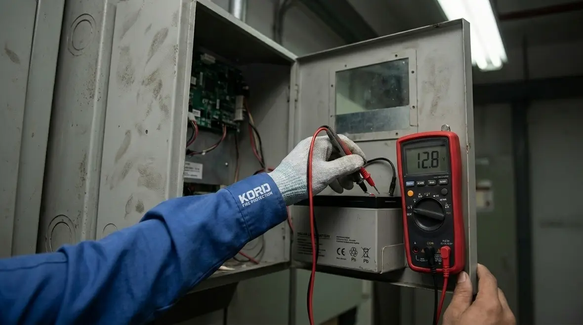 Technician performing fire alarm backup battery testing inside a control panel