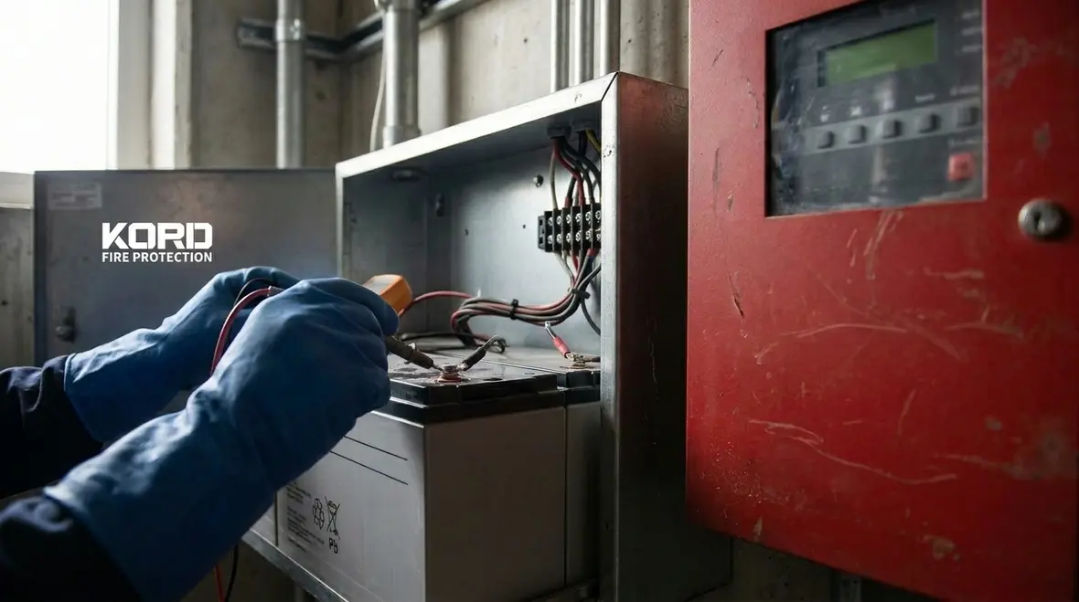 Fire alarm backup battery testing equipment and panel inspection