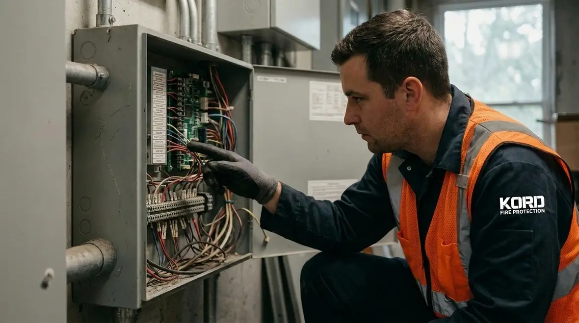 Technician reviewing fire alarm circuit layout in a commercial facility