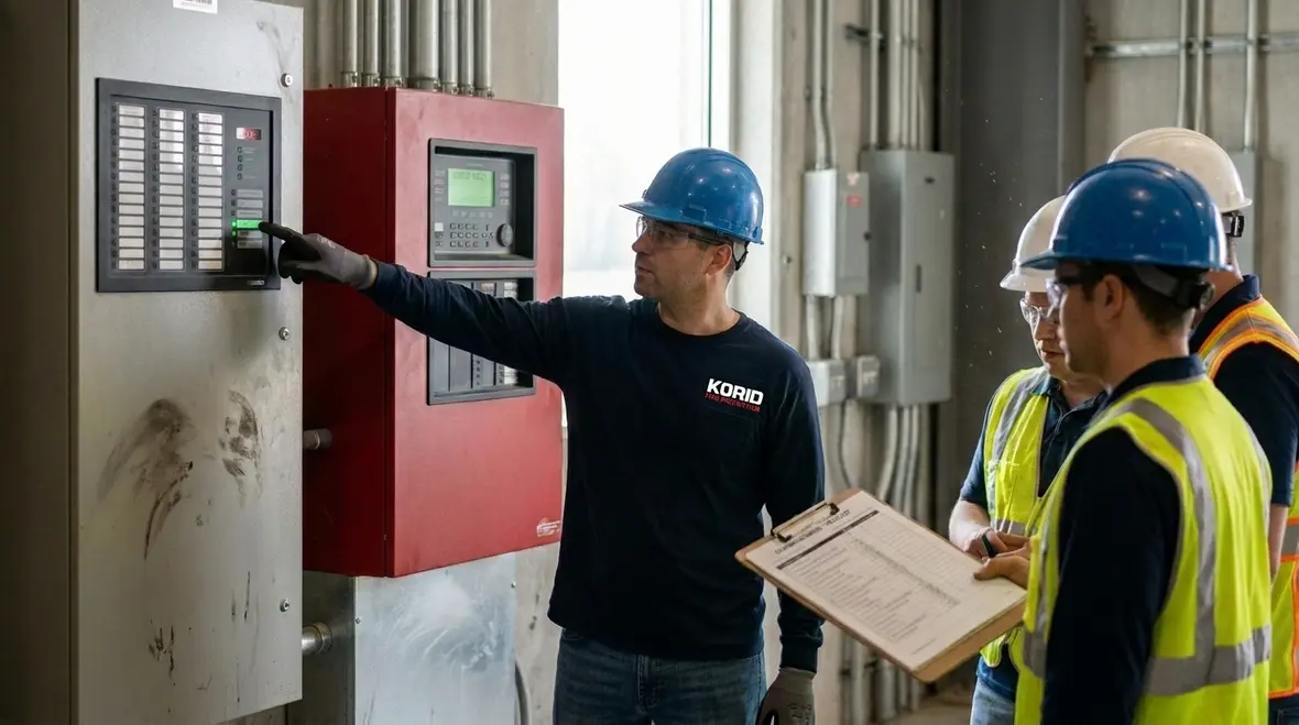 Technician reviewing zoning and sequencing for integrated fire alarm suppression controls