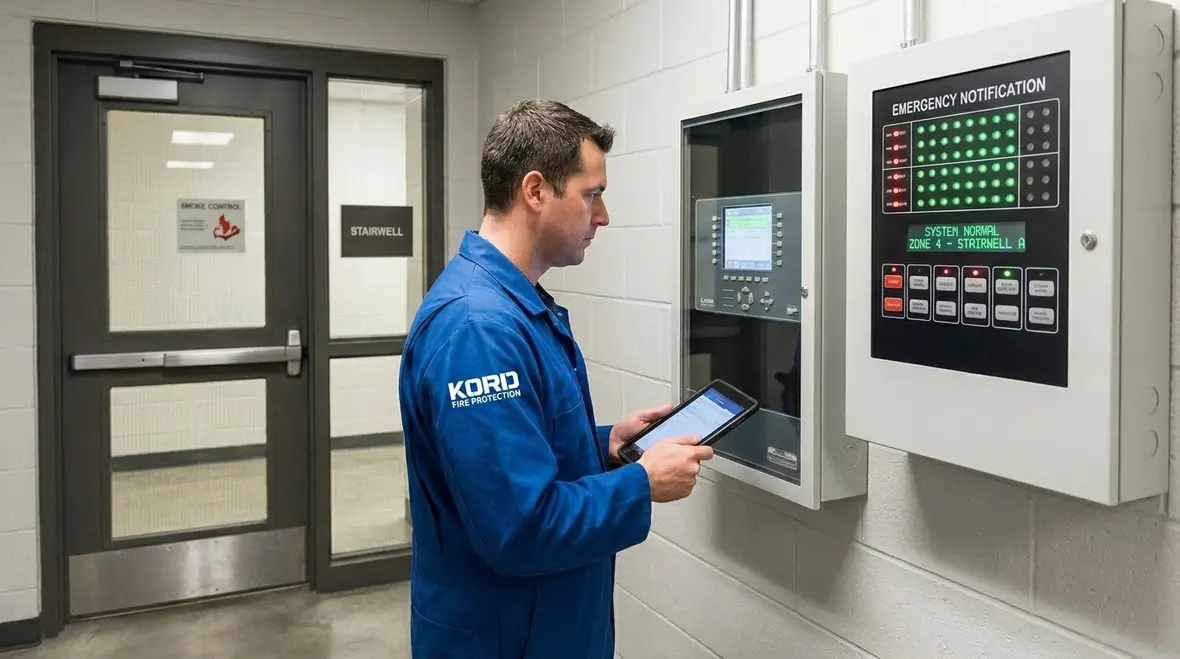 Technicians planning a fire alarm integration map before installation