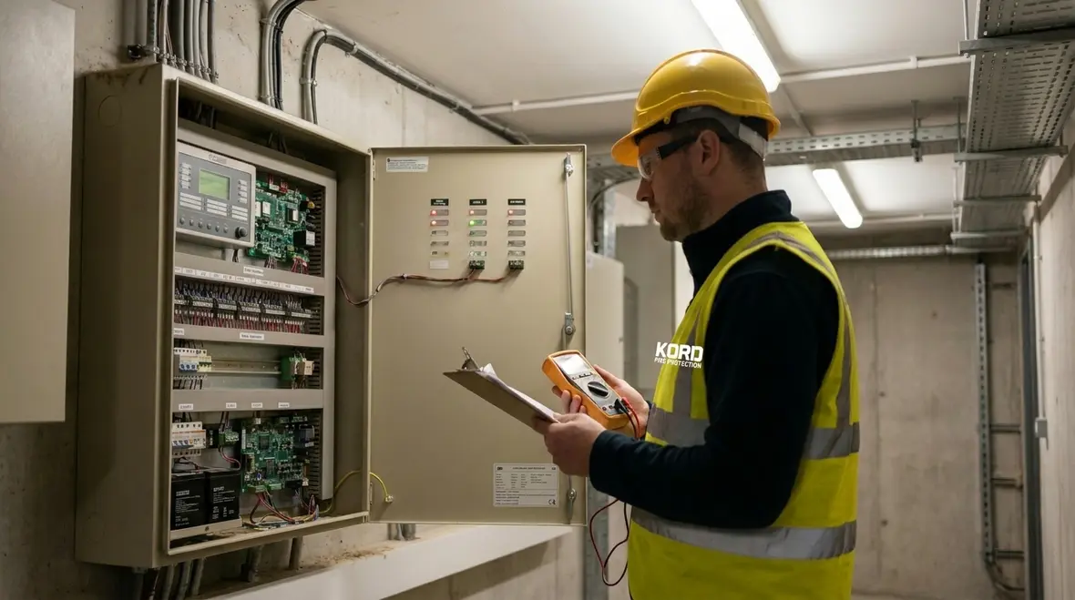 Technician performing fire alarm tie in testing on suppression controls