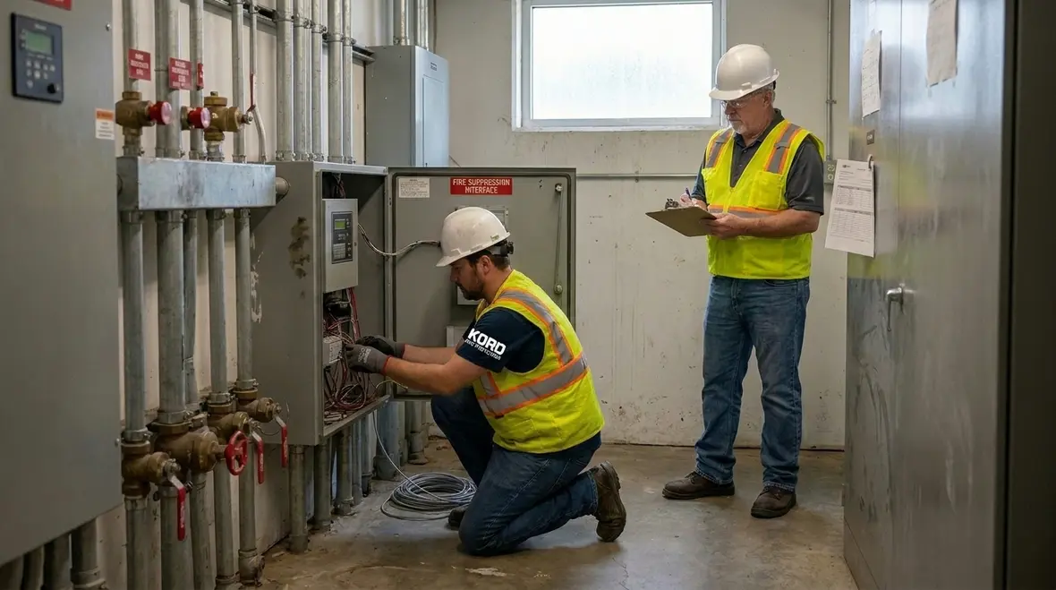 Planned fire alarm tie in test setup with panel documentation and suppression devices