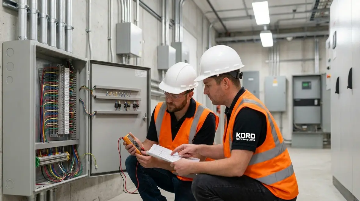 Technician reviewing commercial fire alarm wiring pathways to reduce interference