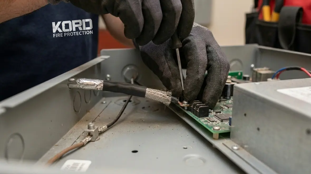Shielded fire alarm wiring with proper grounding and termination practices