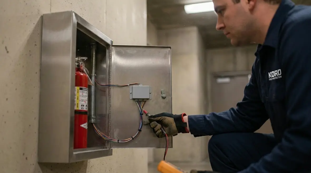 Smart fire extinguisher cabinet with electrical monitoring sensors