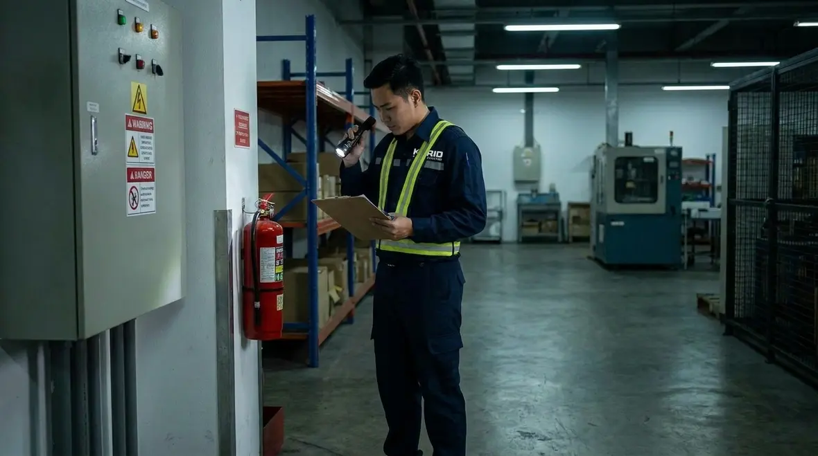 Fire extinguisher location planned around facility hazards and travel paths