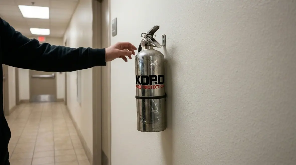 Fire extinguisher mounted near a commercial hallway exit path