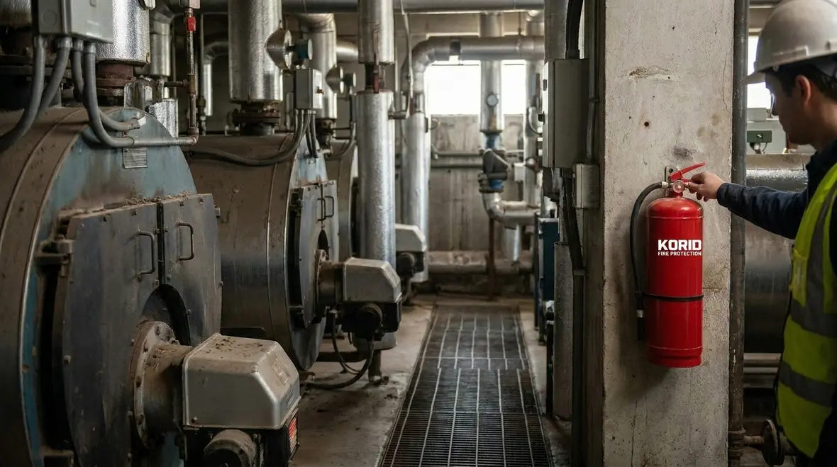 Commercial fire extinguisher positioned along a clear travel path