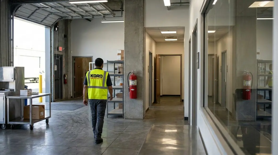 Visible fire extinguisher mounting and wayfinding in corridor