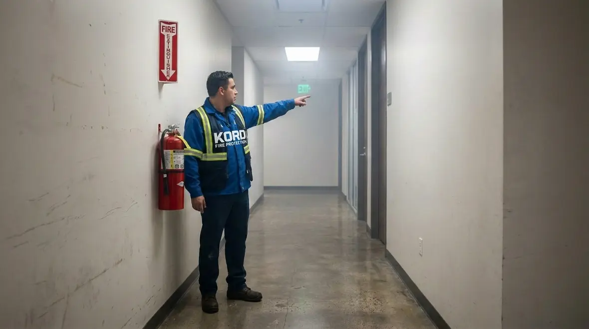 Technician planning fire extinguisher placement in a commercial facility