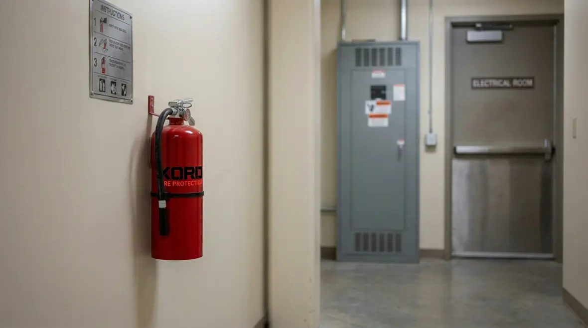 Technician reviewing fire extinguisher placement near electrical panels