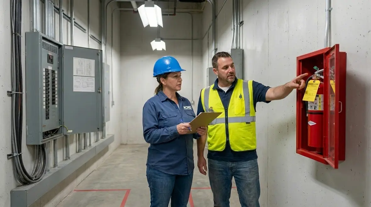 Business owner checking extinguisher access path near breaker panel