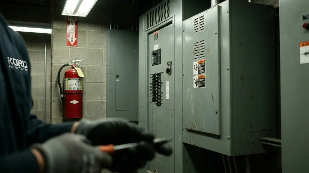 Safe clearance and extinguisher positioning around electrical control gear