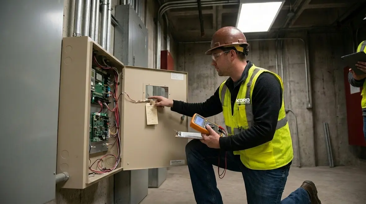 Technician performing a fire protection compliance audit in a commercial facility
