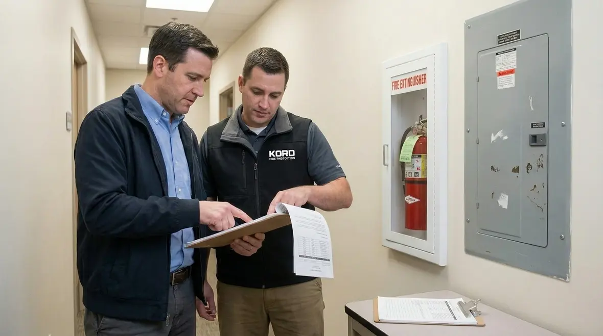 Commercial fire protection systems being inspected for compliance and readiness