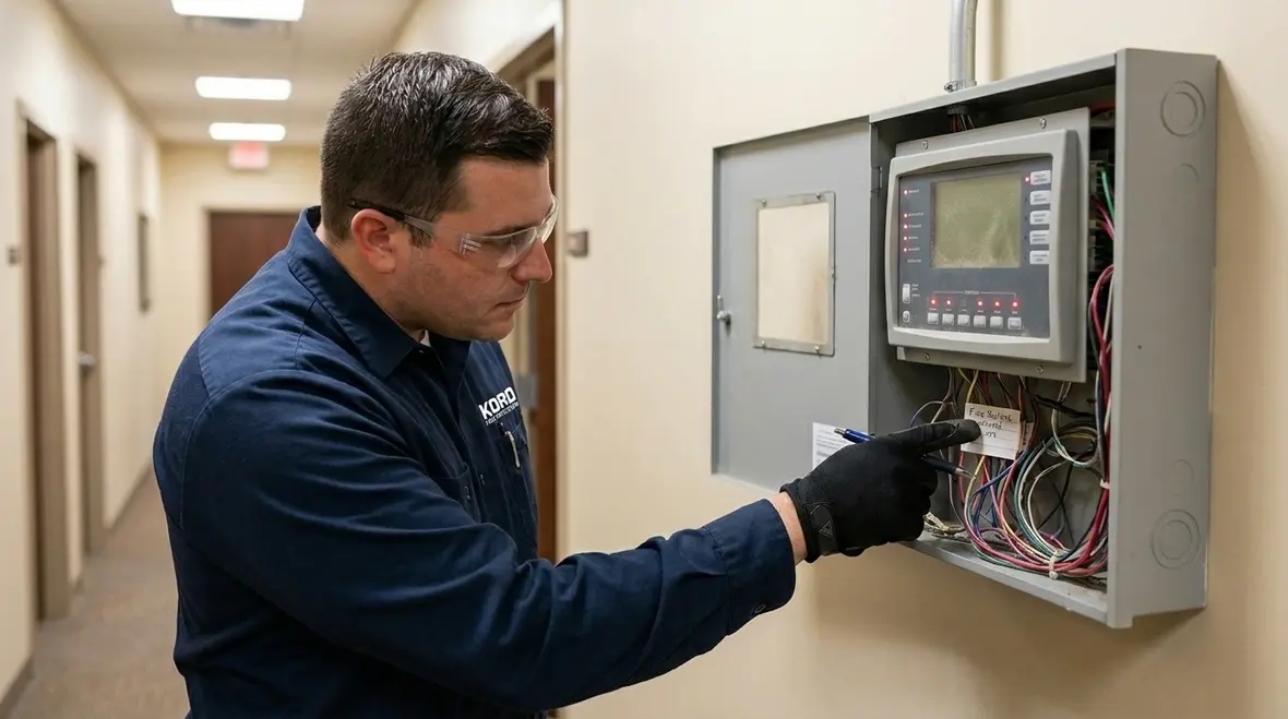 Technician reviewing NICET fire alarm certification material