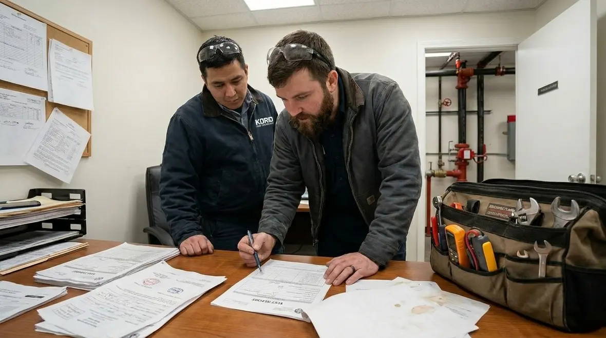 Experienced fire protection technician troubleshooting system issues on site