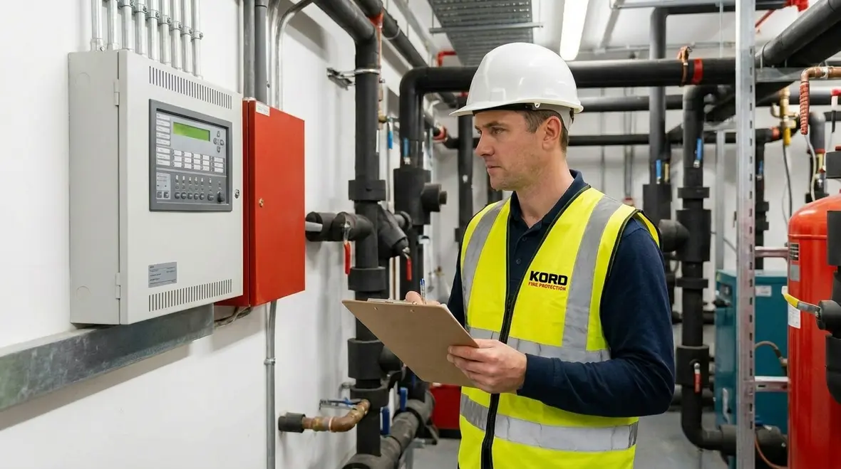Technician reviewing fire protection NICET level requirements in the field