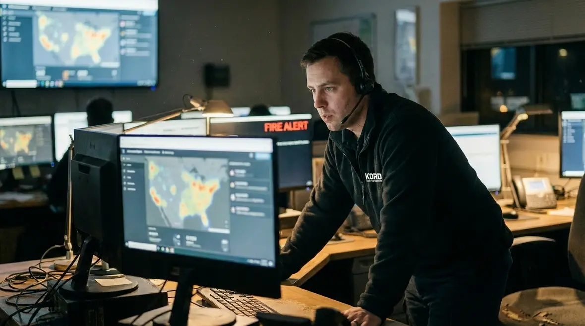 Technician reviewing fire system remote monitoring events and fault history