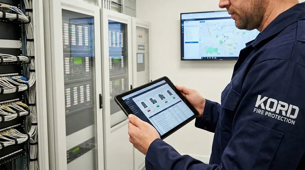 Fire protection system remote monitoring dashboard and alarm panel overview