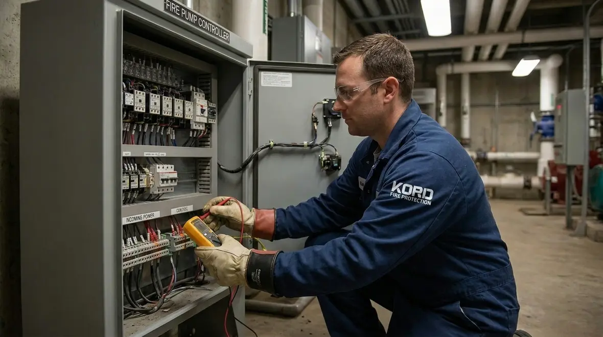 Technician checking fire pump controller incoming electrical power
