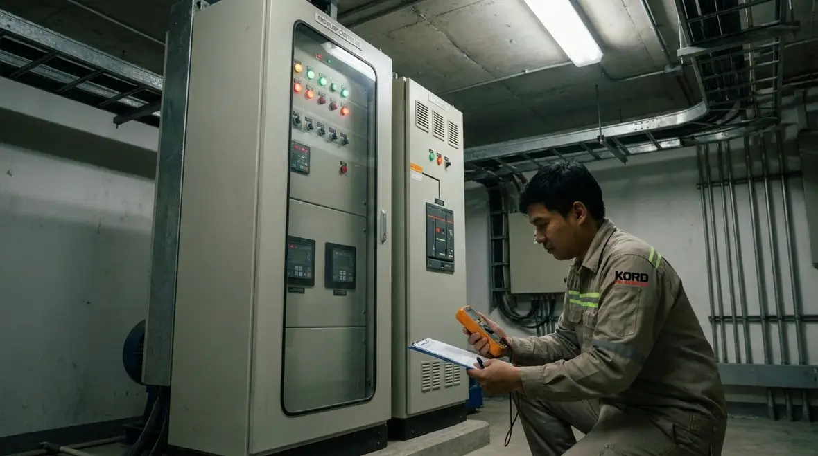 Technician reviewing fire pump motor controller settings and test records