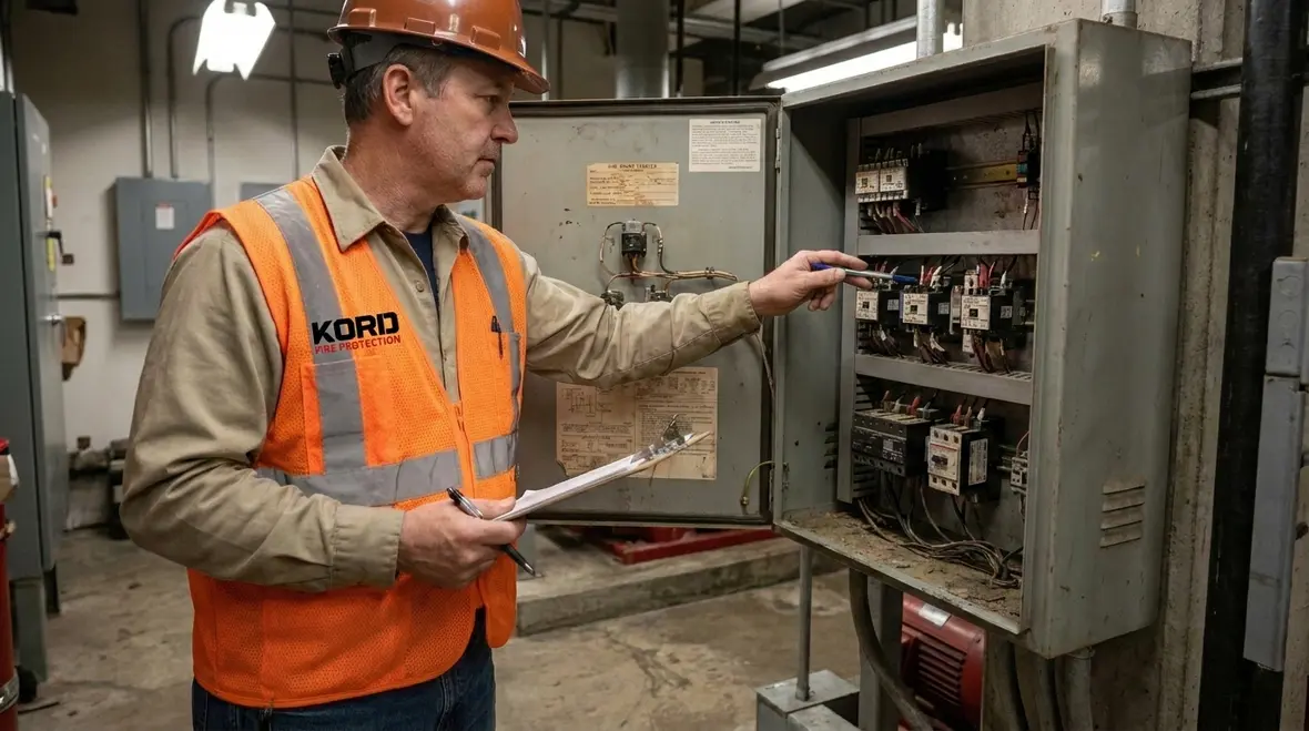 Technician inspecting fire pump motor starter enclosure