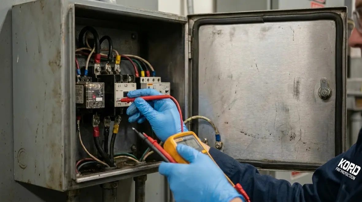 Checking control voltage and starter components in a fire pump system