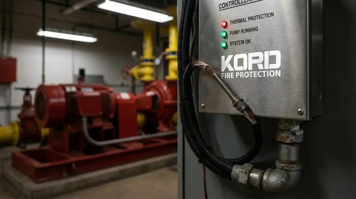 Technician checking fire pump motor temperature monitoring equipment