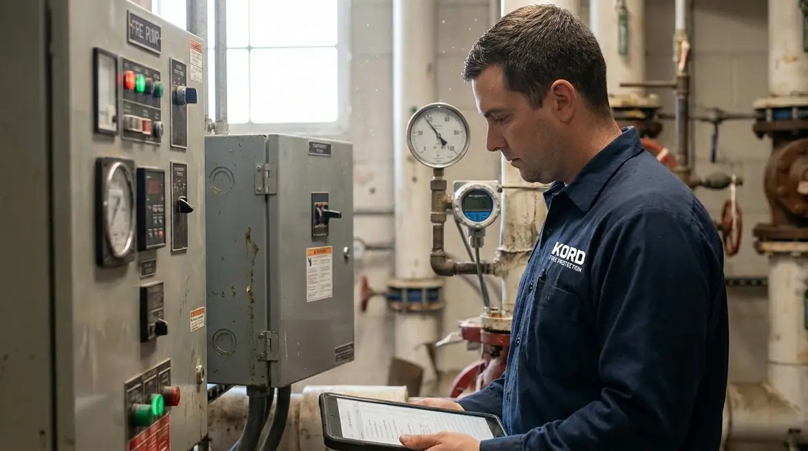 Technician evaluating fire pump performance optimization controls in a large facility