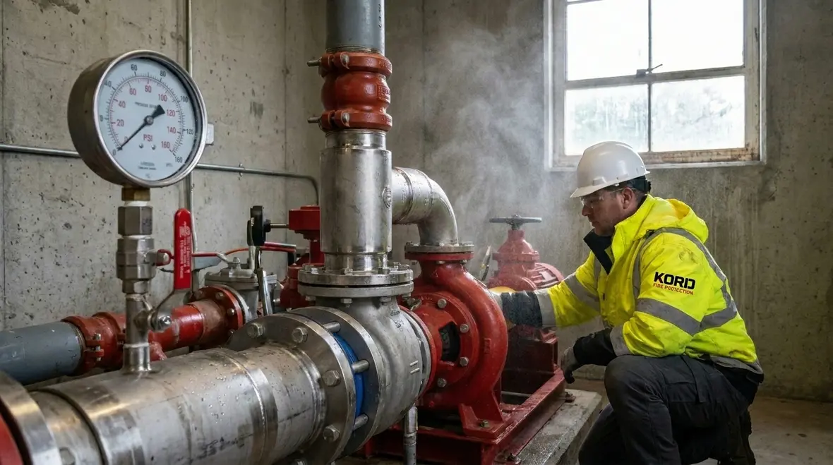 Fire pump controller tuning and pressure validation in a commercial pump room
