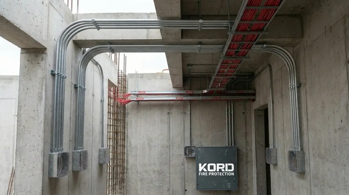 Fire alarm conduit routing secured before a concrete pour