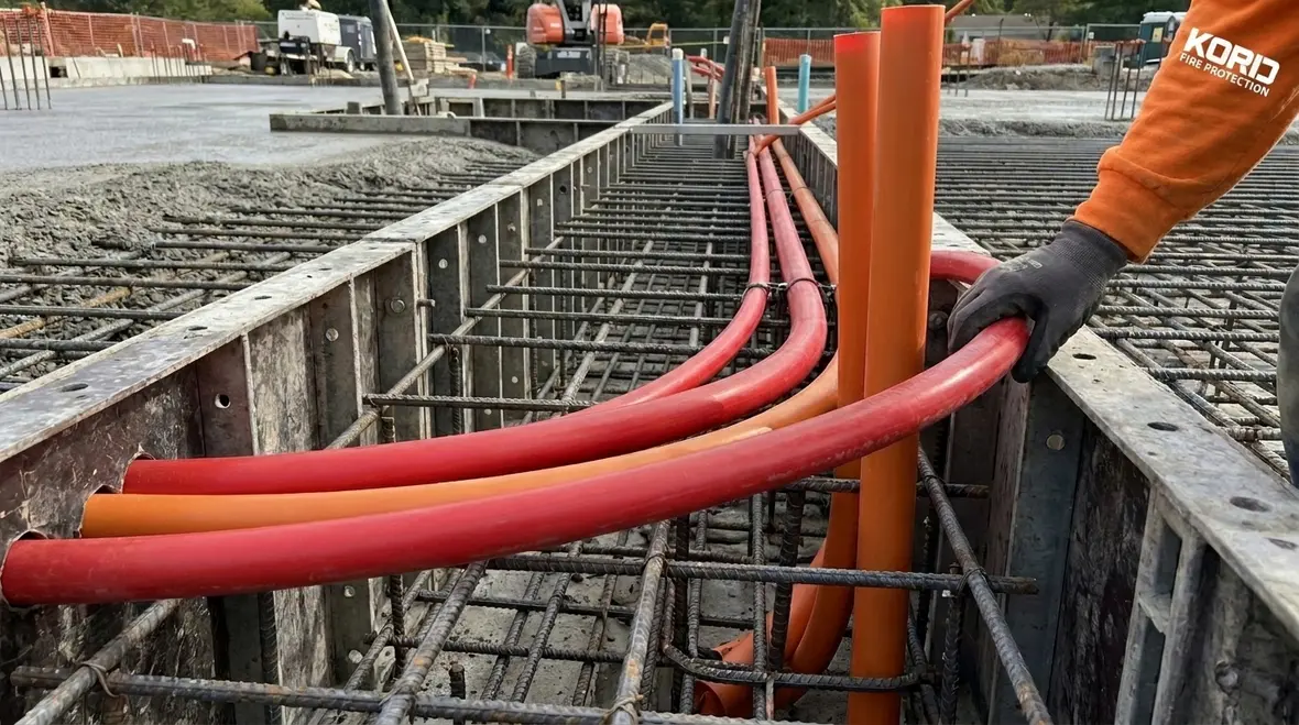Concrete fire protection circuitry routing inside a commercial structure