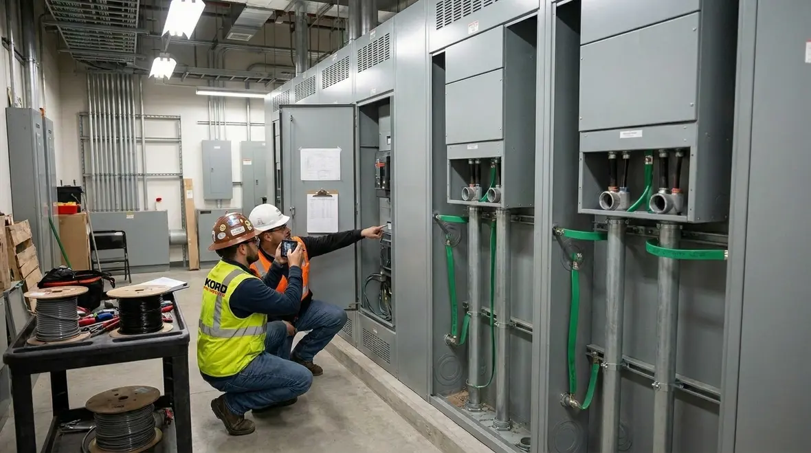 Close-up of bonded electrical panel hardware and grounding connections