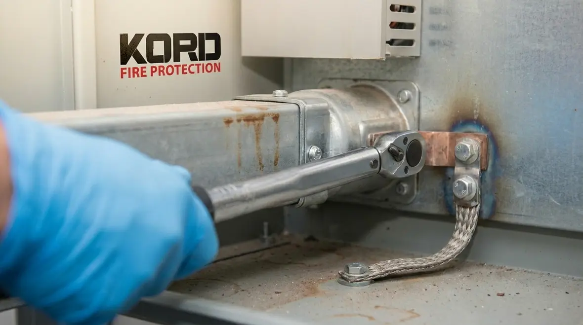 Technician checking electrical bonding and metallic raceway connections
